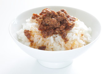 Taiwanese food, spicy ground beef on rice with copy space