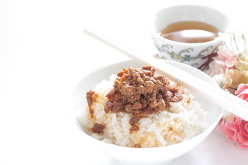 Taiwanese food, spicy ground beef on rice with copy space