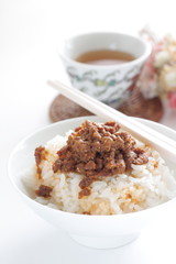 Taiwanese food, spicy ground beef on rice with copy space