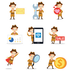 Set of man character as a detective in investigation.