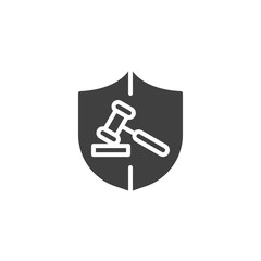 Shield with judge gavel vector icon. filled flat sign for mobile concept and web design. Law protection glyph icon. Symbol, logo illustration. Vector graphics