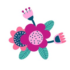 Floral bouquet of hand drawn fantasy folk flowers. Botanical illustration in flat cartoon style. Great as banner, print and card.