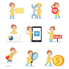 A man working as a management fisheries, character set with coin, envelope, love, mobile.