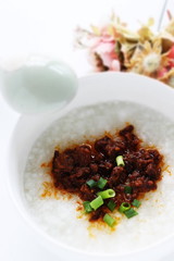 Taiwanese food,  spicy meat jerky on rice porridge