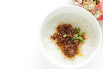 Taiwanese food,  spicy meat jerky on rice porridge
