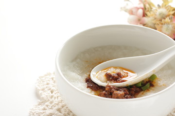 Taiwanese food,  spicy meat jerky on rice porridge