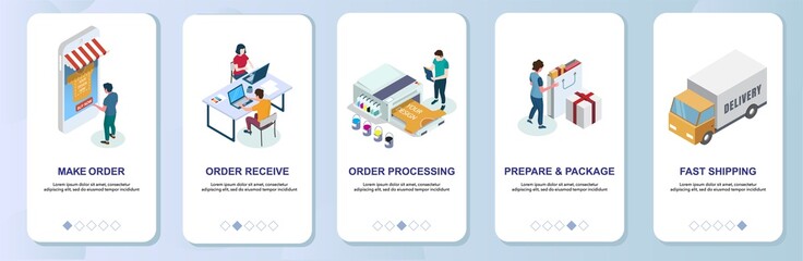 T-shirt printing online services mobile app onboarding screens vector template