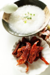 Taiwanese food, beef jerky and rice porridge