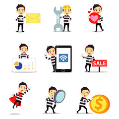 Set of man character perform as a mime on stage.