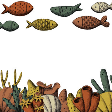Hand drawn pencil fishes in colorful corals. Scandinavian sea, ocean. Shell. Sea weed, plant. Corals. Colorful fish