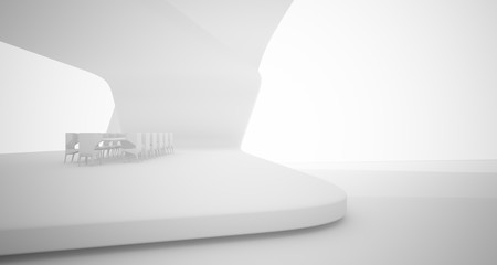 Fototapeta premium Abstract architectural smooth white interior of a minimalist house with swimming pool. 3D illustration and rendering.