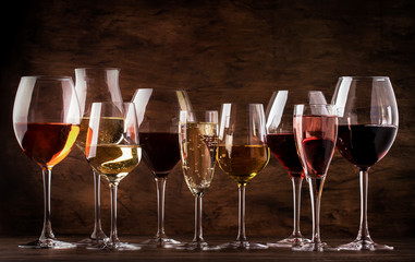 Wine tasting concept, still and sparkling wines. Red, white wine, rose and champagne in wine...