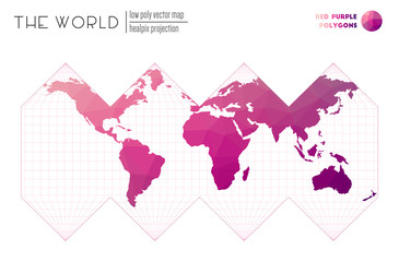 Low poly world map. HEALPix projection of the world. Red Purple colored polygons. Stylish vector illustration.