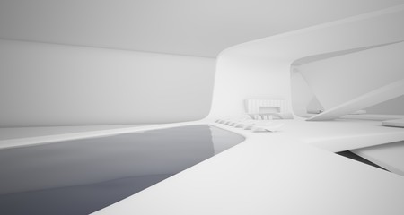 Abstract architectural smooth white interior of a minimalist house with swimming pool. 3D illustration and rendering.