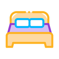 Motel Comfortable Double Bed Vector Thin Line Icon. Bedroom Twin Room Bed, Hotel Performance Of Service Equipment Linear Pictogram. Business Hostel Items Contour Illustration