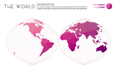 World map with vibrant triangles. Quartic authalic projection interrupted into two hemispheres of the world. Red-purple colored polygons. Contemporary vector illustration.