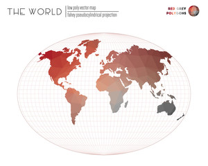 Polygonal map of the world. Fahey pseudocylindrical projection of the world. Red Grey colored polygons. Awesome vector illustration.