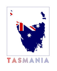 Obraz na płótnie Canvas Tasmania Logo. Map of Tasmania with island name and flag. Radiant vector illustration.