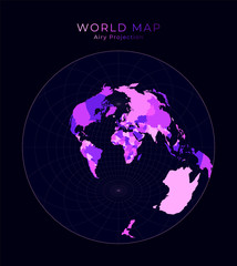 World Map. Airy's minimum-error azimuthal projection. Digital world illustration. Bright pink neon colors on dark background. Amazing vector illustration.