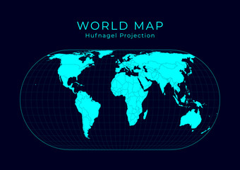 Map of The World. Herbert Hufnage's pseudocylindrical equal-area projection. Futuristic Infographic world illustration. Bright cyan colors on dark background. Awesome vector illustration.