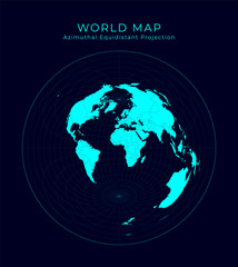 Map of the World. Azimuthal equidistant projection. Futuristic infographic world illustration. Bright cyan colors on dark background. Awesome vector illustration.