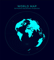 Map of The World. Azimuthal equidistant projection. Futuristic Infographic world illustration. Bright cyan colors on dark background. Awesome vector illustration.