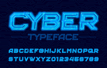 Cyber alphabet font. Neon electronic letters and numbers. Stock vector circuit board typescript.