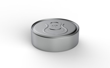 Blank flat tin can food container with easy open pull ring on white background. 3d illustration