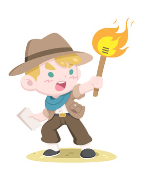 Cute style little golden hair adventurer holding torch and treasure map vector illustration