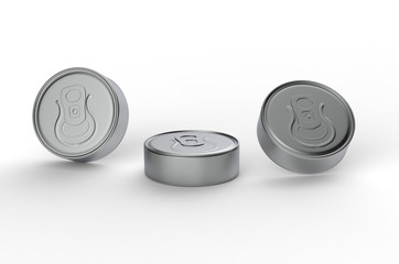Blank flat tin can food container with easy open pull ring on white background. 3d illustration