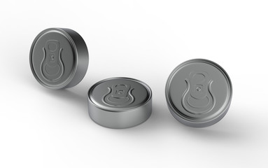 Blank flat tin can food container with easy open pull ring on white background. 3d illustration