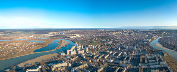 panorama of the western outskirts of Krasnodar - microdistrict New Town, South of Russia) on the left bank, the Kuban River - the Adyghe village of Starobrzegokai (Adygea) near the Yubileiny microdist
