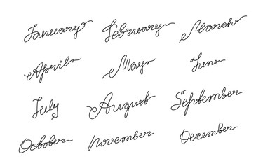 Handwritten names of months: December, January, February, March, April, May, June, July, August September, October, November, Calligraphy words for calendars, one single line on a white background.