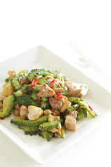 Chinese food, bitter melon and chicken stir fried