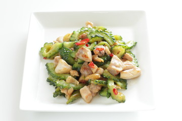 Chinese food, bitter melon and chicken stir fried