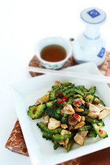 Chinese food, bitter melon and chicken stir fried