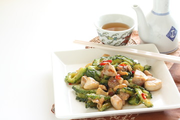 Chinese food, bitter melon and chicken stir fried