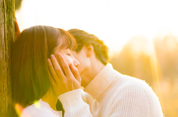 公園でキスするカップル　イメージ　夕日