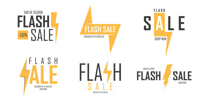 Flash Sale promotional labels templates set. Special offer text design with lightning bolt for discount shopping, sale promotion and advertising. Based on the Agency FB. Vector illustration.