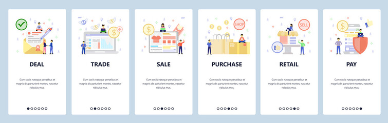 Business icons, signed deal, sale, shopping bags, retail shop, secure mobile payment. App onboarding screens. Menu vector banner template for website and mobile. Web site design flat illustration