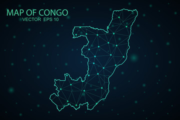 Obraz na płótnie Canvas Map of Republic of the Congo from Polygonal wire frame low poly mesh, contours network line, luminous space stars, design sphere, dot and structure. Vector Illustration EPS10.