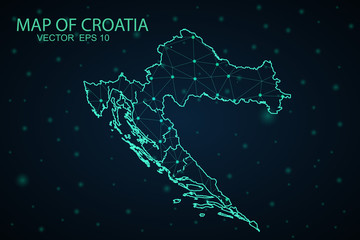 Fototapeta na wymiar Map of Croatia - With glowing point and lines scales on The dark gradient background, 3D mesh polygonal network connections. Vector illustration eps10.