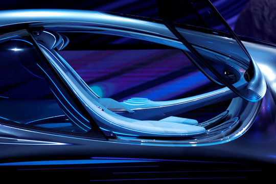A view of the cockpit of the Mercedes-Benz Vision AVTR concept car, inspired by the Avatar movies, at a Daimler keynote address during the 2020 CES in Las Vegas
