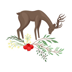 Standing Reindeer Bending His Head Vector Illustration Decorated with Winter Twigs and Leaves