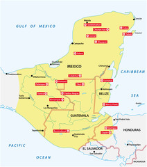 Map of the Mayan Empire with the most important cities in Central America
