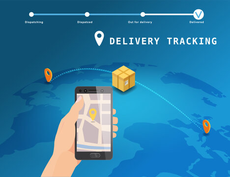 Delivery Global tracking system service online isometric design with markers cargo box on map Earth