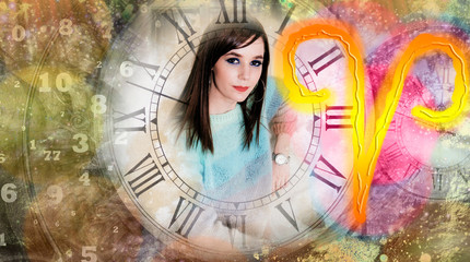  Astrological symbol of the zodiac Aries on a background of the cosmic sky.