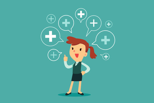 businesswoman showing thumb up with positive thinking symbol