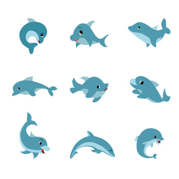 Set of five cute dolphins. Vector illustration.
