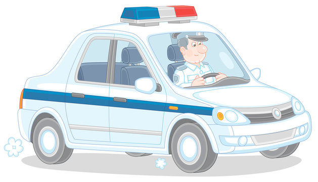 Police car with a traffic policeman on-duty during patrol, vector cartoon illustration isolated on a white background